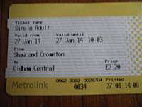 The first ticket from Shaw and Crompton to Oldham Central for 40 years 27 January 2014.  Photo J Dillon